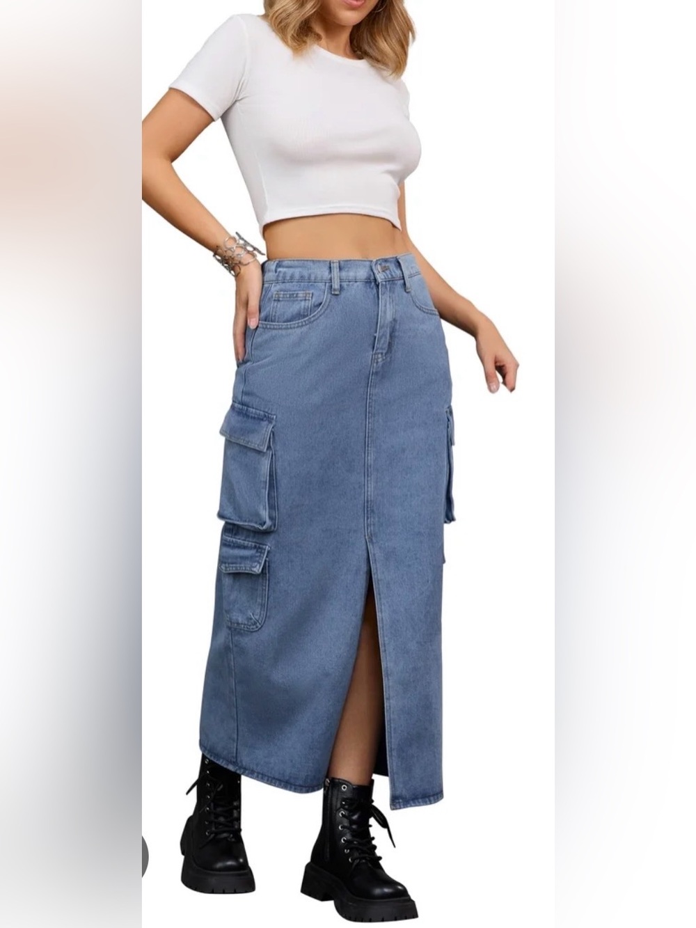 Flying Angel Medium Wash Cargo Denim Maxi Skirt